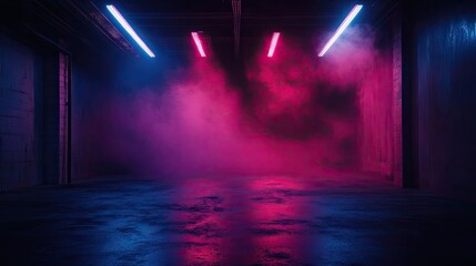 Wall Mural - Dark empty room with concrete floor, neon lights and smoke. Abstract background