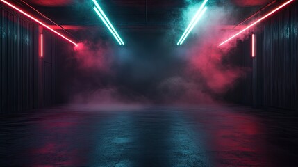 Wall Mural - Dark empty room with concrete floor, neon lights and smoke. Abstract background