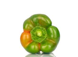 One sweet green pepper, macro, isolated on white background.