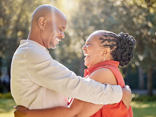 Poster - Senior couple, black people and laughing in park with hug for bonding, love and commitment in marriage. Mature, man and woman with joke, embrace and romance outdoor in nature for holiday and support