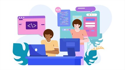 Two programmers collaborate in a vibrant workspace using laptops and desktop computers to engage in coding tasks illustration business animated video