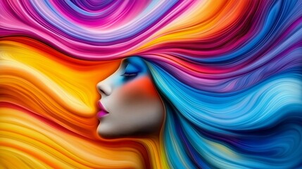 Wall Mural - A woman with long, colorful hair is the main focus of the image. The hair is styled in a way that it is flowing and has a rainbow-like effect. The woman's face is also colorful, with a pink lip color