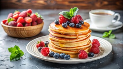 Delicious fluffy pancakes drizzled with syrup and fresh berries on a white plate , breakfast, pancakes, delicious, syrup, berries