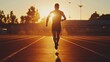 © ckybe - A focused athlete dashes along a track, muscles taut against the backdrop of a vibrant sunset.