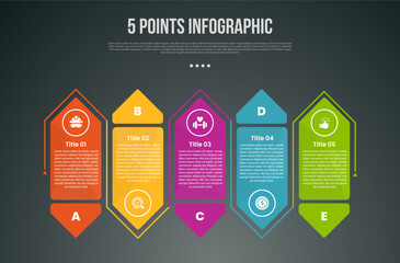 Wall Mural - 5 points or step process infographic with creative rectangle box with arrow up and down direction with modern dark style for slide presentation