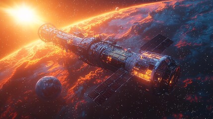 a futuristic space station harnessing solar energy from massive solar arrays against a backdrop of s