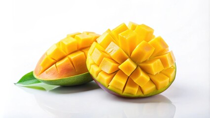 Sliced mango fruit on white background, mango, fruit, tropical, sweet, fresh, juicy, yellow, slices, summer, delicious, healthy