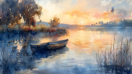 Wall Mural - A tranquil watercolor of a quiet lake at dawn, with a small boat floating on the still water, surrounded by tall reeds and willow trees, and the first light of day breaking over the horizon.