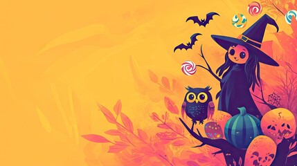 Wall Mural - A cute Halloween background featuring friendly witches, owls, and candy with room for copy space.