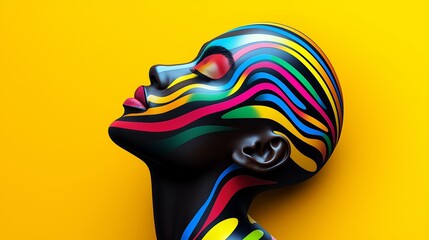 Wall Mural - A woman's face is painted with a rainbow of colors. The colors are bright and bold, creating a sense of energy and excitement. The woman's face is the focal point of the image