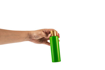 Wall Mural - Green shampoo bottle in hand isolated on transparent background