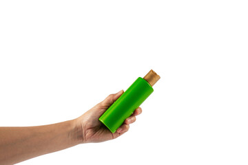 Canvas Print - Green shampoo bottle in hand isolated on transparent background