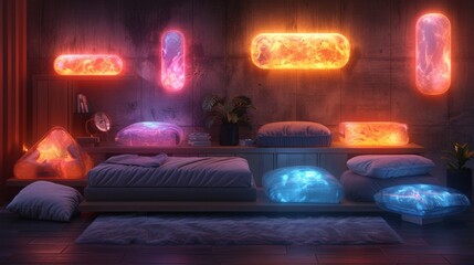 Canvas Print - Develop a collection of neon bedroom symbols, featuring shining beds