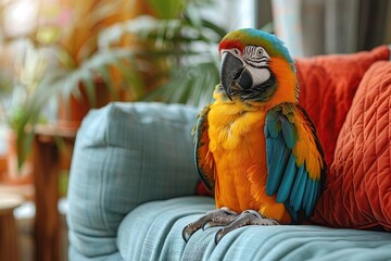 Poster - Colorful Macaw Parrot Sitting on a Couch