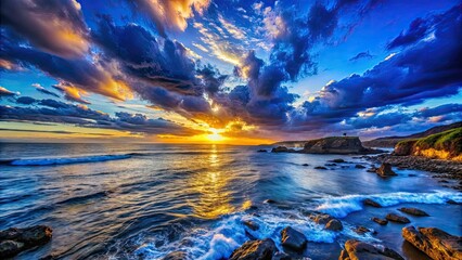 ultramarine blue bold cinematic sunset wide-angle coastal landscape