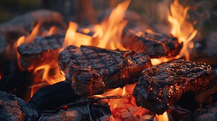 Grilled beef steaks at dusk with flames