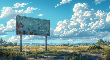 Poster - green road sign with empty text space, blue sky background