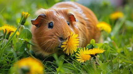 Guinea pig on a grassy meadow munching on a dandelions