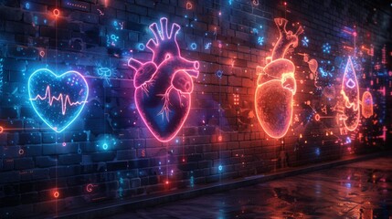 Wall Mural - Construct a neon array of health condition symbols, such as