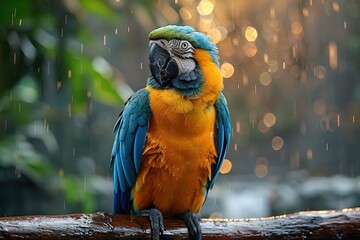 Wall Mural - A Blue and Gold Macaw in the Rain