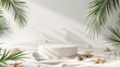 © Sinechana - 5. A detailed front view composition with an empty platform podium, accented by green palm leaves, scattered sea shells, and starfish on a white beach sand background, creating a minimalistic and