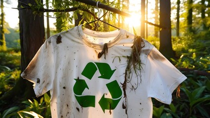 A dirty T-shirt featuring a recycling symbol hangs between trees in a forest during sunset, illuminated by warm sunlight.