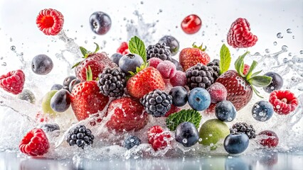 Frozen moment of berries bursting with juicy pulp and vibrant colors against pure white background with high-speed photography and creative blur