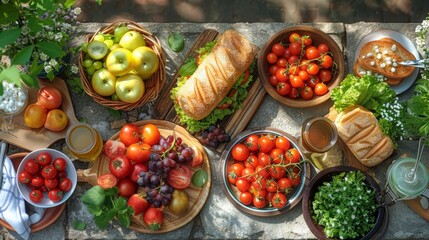 Canvas Print - Illustrate a family picnic in the park, with a spread of vegetarian sandwiches, salads, and fruit platters, made with love