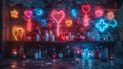 Canvas Print - Craft a neon display of medical treatment symbols, featuring illuminated