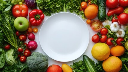 Wall Mural - A clean white plate at the center of a variety of vibrant vegetables and fruits, arranged on a white background, symbolizing health and nutrition