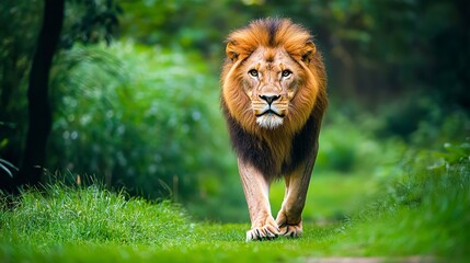 Wall Mural - male lion walking looking straight at the camera, national wildlife day