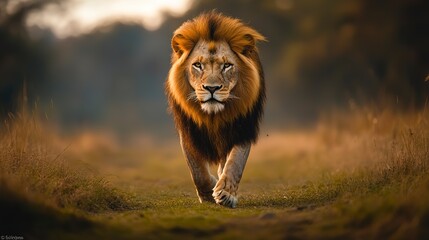 Wall Mural - male lion walking looking straight at the camera, national wildlife day