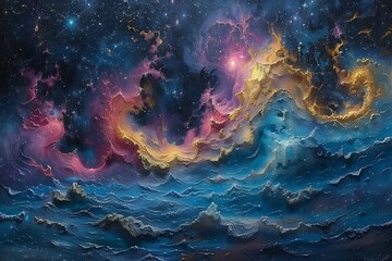 Wall Mural - Celestial Symphony of Chaos abstract representation of universe creation where cosmic dust celestial body dance chaotic yet harmonious symphony Bright swirling galaxy merge dark void creating stunning