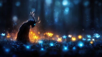 A demon silhouette in a mystical forest, with glowing flowers and ethereal light creating an enchanting and magical atmosphere