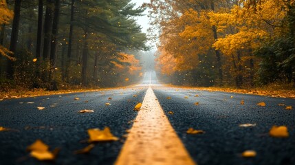 A serene autumn road lined with golden leaves, creating a peaceful atmosphere for travel and exploration.