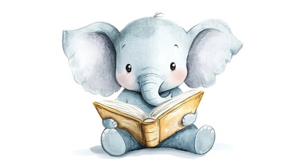 Sticker - Adorable, clever watercolor Elephant reading a book, character illustration isolated on a white background