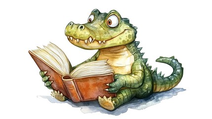 Sticker - Adorable, clever watercolor crocodile reading a book, character illustration isolated on a white background