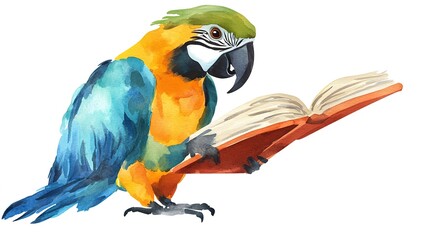 Canvas Print - Adorable, clever watercolor Parrot reading a book, character illustration isolated on a white background