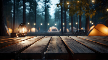 Wooden table on blur tent camping at night background