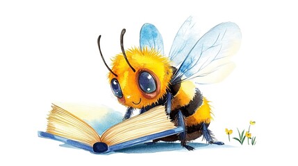 Poster - Adorable, clever watercolor Bee reading a book, character illustration isolated on a white background