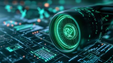 Poster - Close-up of a jet engine glowing green, surrounded by symbols of renewable energy sources like wind turbines and solar panels, representing the future of clean aviation fuel