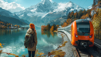 Wall Mural - Show a commuter happily boarding a train for a scenic