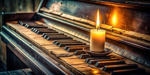 Moody low-key indoor melancholy still life dark rich tones worn piano keys shadows lonely candlelight softbox warm intimate tactile intimate forgotten love stories.