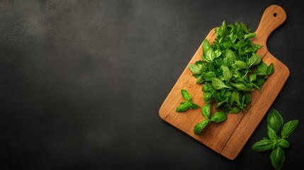 Fresh Green Herbs on Wooden Chopping Board for Healthy Recipe Preparation