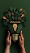 © Naret - 3D model of diverse hands raising a light bulb with the word 'Inclusion' representing ideas and inclusive learning, isolated background, green.