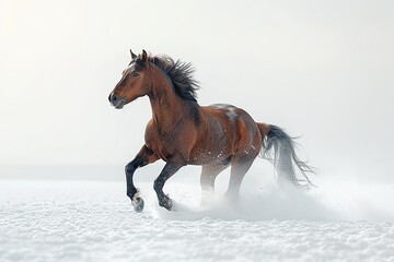 Wall Mural - A brown horse gallops through a snowy field, its mane and tail flowing in the wind.