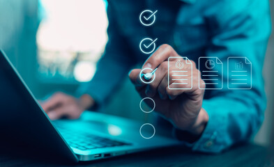 Online survey filling out and digital form checklist by laptop computer, Document Management Checking System, online documentation database and process manage files.