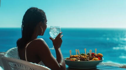 Woman enjoying drink and food by the ocean