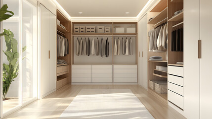 Minimal Dressing room and walk in closet with a white wardrobe