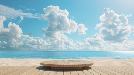 Wall Mural - 1. a 3d wooden podium set on a pristine beach with golden sand, surrounded by a clear blue sea and a